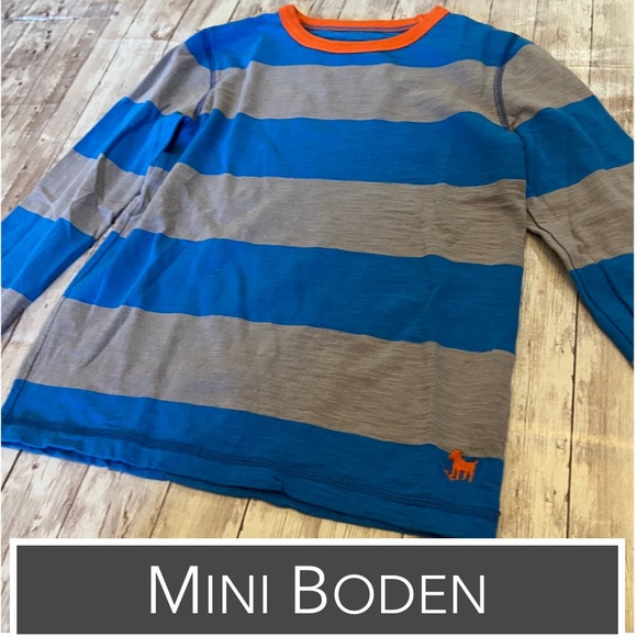 Mini Boden Blue & Gray Wide-Striped Long Sleeve Shirt with Orange Neck Band EUC - Picture 2 of 6